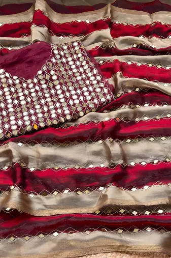 Maroon Color Hand aari work with real handwork gold mirror work Silk Blend Saree