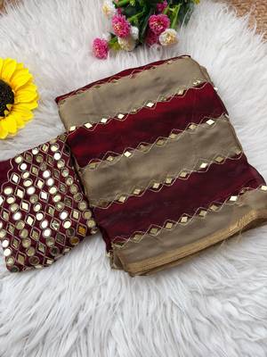 Maroon Color Hand aari work with real handwork gold mirror work Silk Blend Saree 3