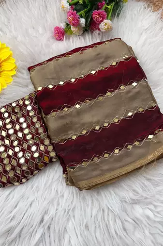 Maroon Color Hand aari work with real handwork gold mirror work Silk Blend Saree