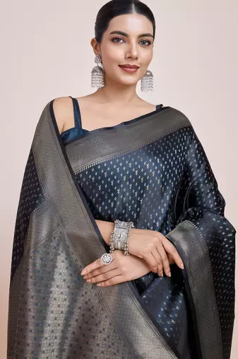 blue silk blend banarasi jacuard work saree with unstitched blouse piece