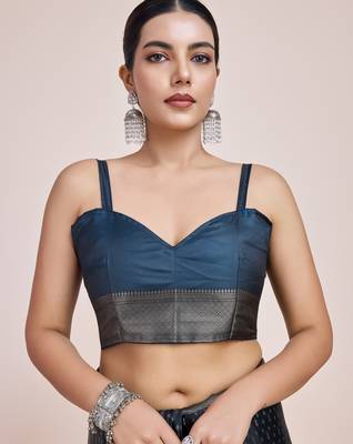 blue silk blend banarasi jacuard work saree with unstitched blouse piece 5