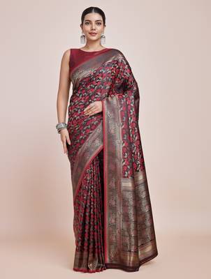 maroon silk blend banarasi jacuard work saree with unstitched blouse piece 1