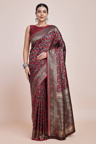 maroon silk blend banarasi jacuard work saree with unstitched blouse piece