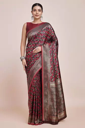 maroon silk blend banarasi jacuard work saree with unstitched blouse piece