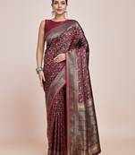 maroon silk blend banarasi jacuard work saree with unstitched blouse piece