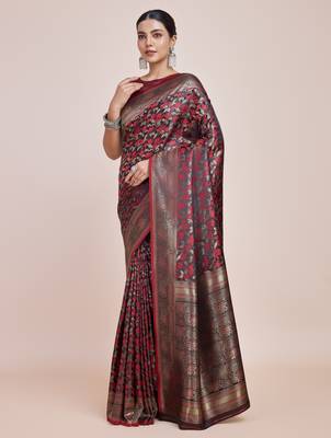 maroon silk blend banarasi jacuard work saree with unstitched blouse piece 2