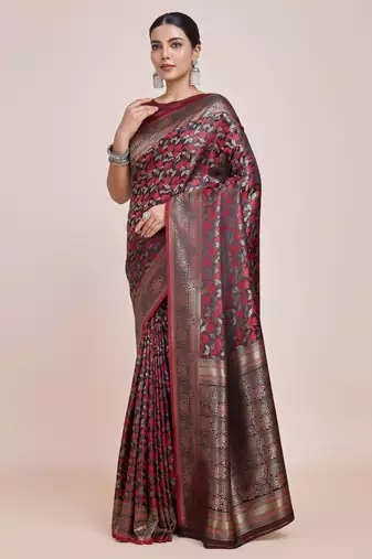 maroon silk blend banarasi jacuard work saree with unstitched blouse piece