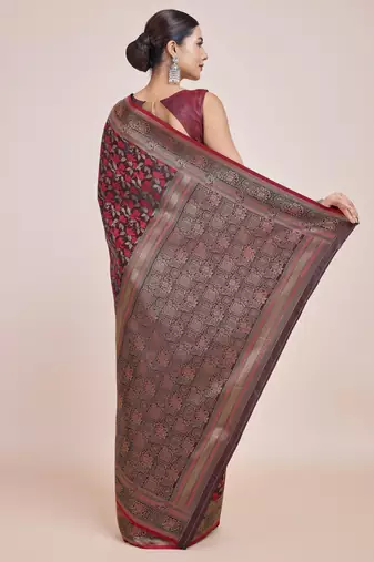 maroon silk blend banarasi jacuard work saree with unstitched blouse piece