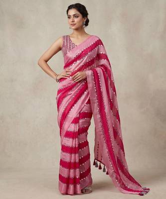 Pink Color Hand aari work with real handwork gold mirror work Silk Blend Saree 1