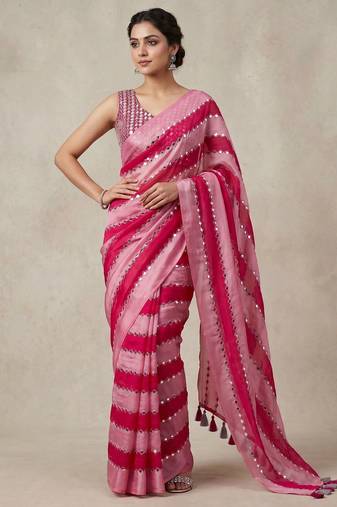 Pink Color Hand aari work with real handwork gold mirror work Silk Blend Saree