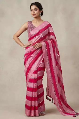Pink Color Hand aari work with real handwork gold mirror work Silk Blend Saree