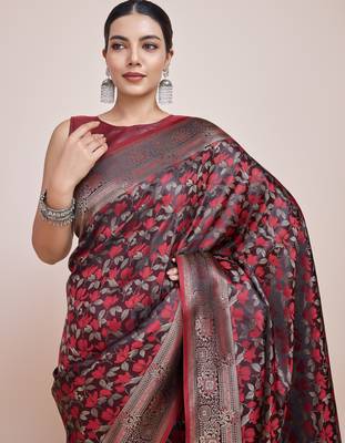 maroon silk blend banarasi jacuard work saree with unstitched blouse piece 4