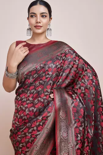 maroon silk blend banarasi jacuard work saree with unstitched blouse piece