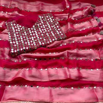 Pink Color Hand aari work with real handwork gold mirror work Silk Blend Saree 2