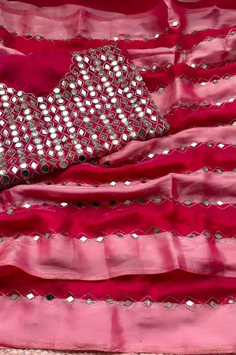 Pink Color Hand aari work with real handwork gold mirror work Silk Blend Saree