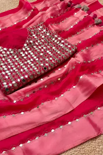 Pink Color Hand aari work with real handwork gold mirror work Silk Blend Saree