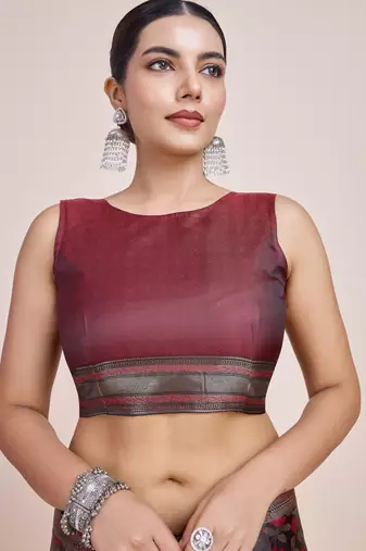 maroon silk blend banarasi jacuard work saree with unstitched blouse piece
