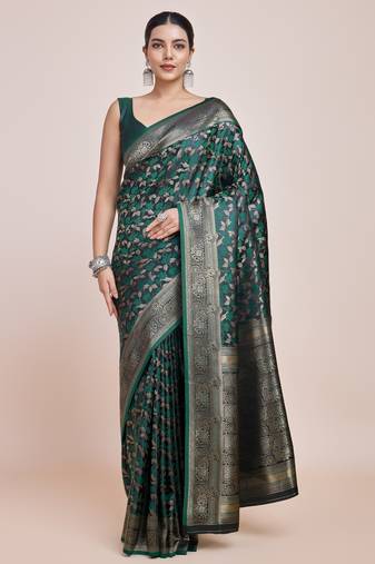 green silk blend banarasi jacuard work saree with unstitched blouse piece