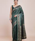 green silk blend banarasi jacuard work saree with unstitched blouse piece
