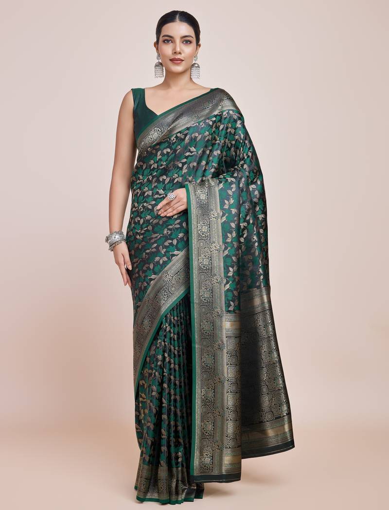 green silk blend banarasi jacuard work saree with unstitched blouse piece