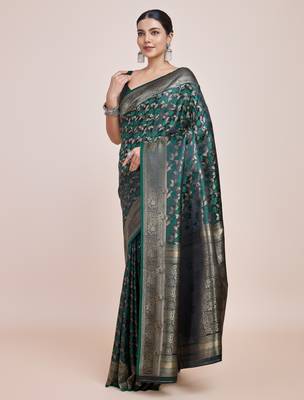 green silk blend banarasi jacuard work saree with unstitched blouse piece 2