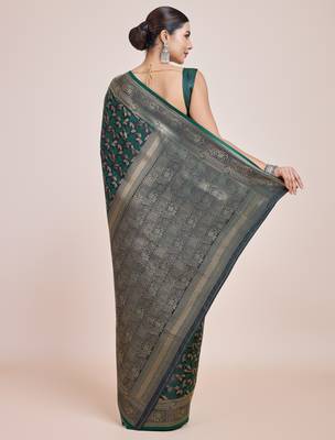 green silk blend banarasi jacuard work saree with unstitched blouse piece 3
