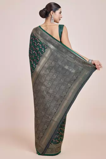 green silk blend banarasi jacuard work saree with unstitched blouse piece