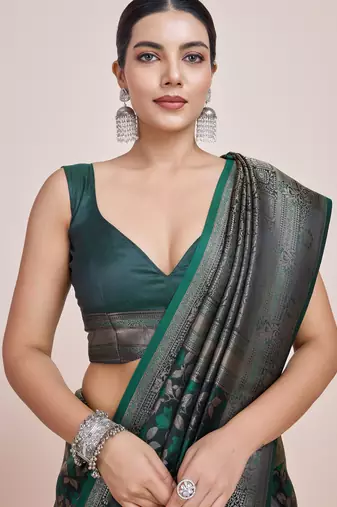green silk blend banarasi jacuard work saree with unstitched blouse piece