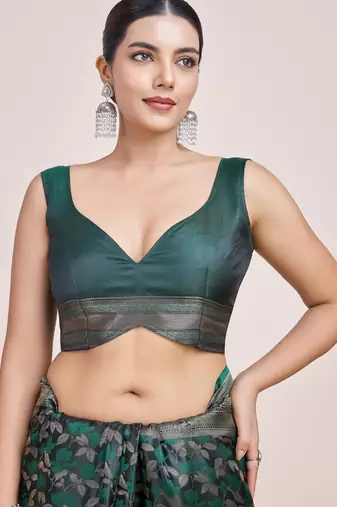 green silk blend banarasi jacuard work saree with unstitched blouse piece