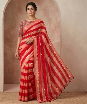 Red Color Hand aari work with real handwork gold mirror work Silk Blend Saree 1
