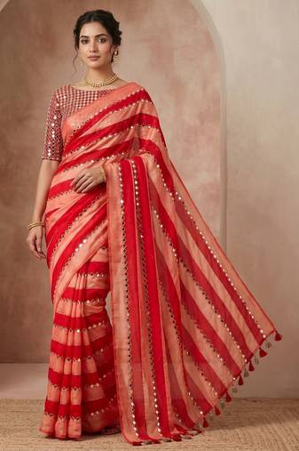 Red Color Hand aari work with real handwork gold mirror work Silk Blend Saree
