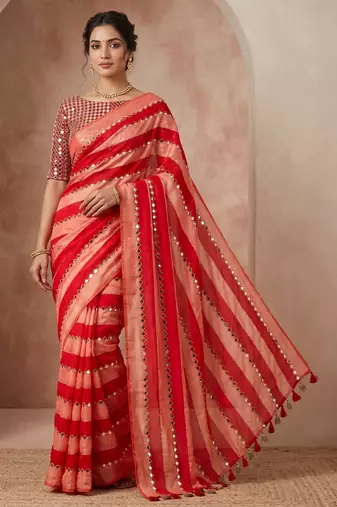 Red Color Hand aari work with real handwork gold mirror work Silk Blend Saree