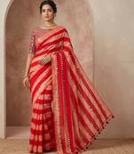Red Color Hand aari work with real handwork gold mirror work Silk Blend Saree
