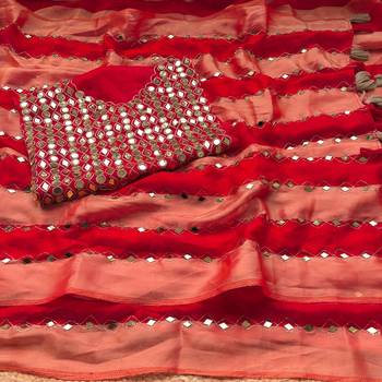 Red Color Hand aari work with real handwork gold mirror work Silk Blend Saree 2