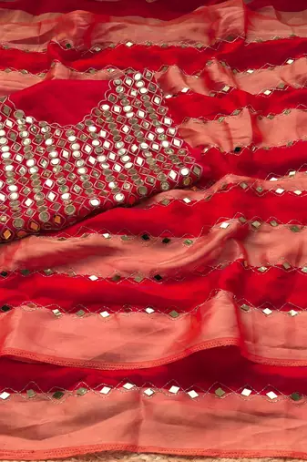Red Color Hand aari work with real handwork gold mirror work Silk Blend Saree