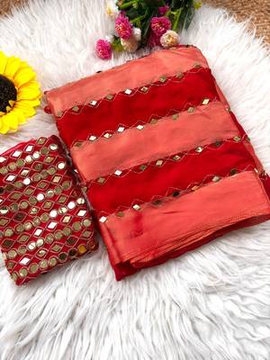 Red Color Hand aari work with real handwork gold mirror work Silk Blend Saree 3