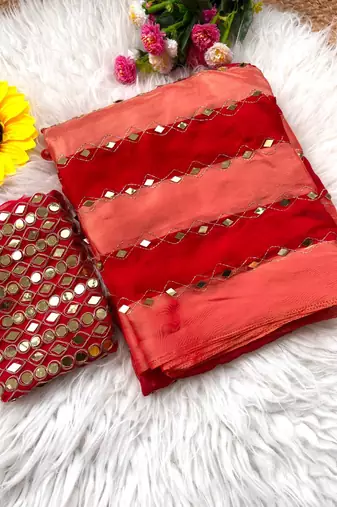 Red Color Hand aari work with real handwork gold mirror work Silk Blend Saree
