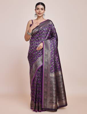 wine silk blend banarasi jacuard work saree with unstitched blouse piece 1