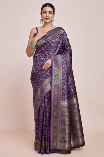 wine silk blend banarasi jacuard work saree with unstitched blouse piece
