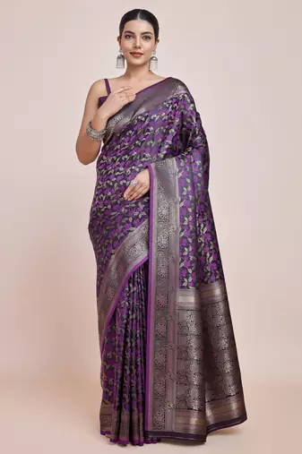wine silk blend banarasi jacuard work saree with unstitched blouse piece