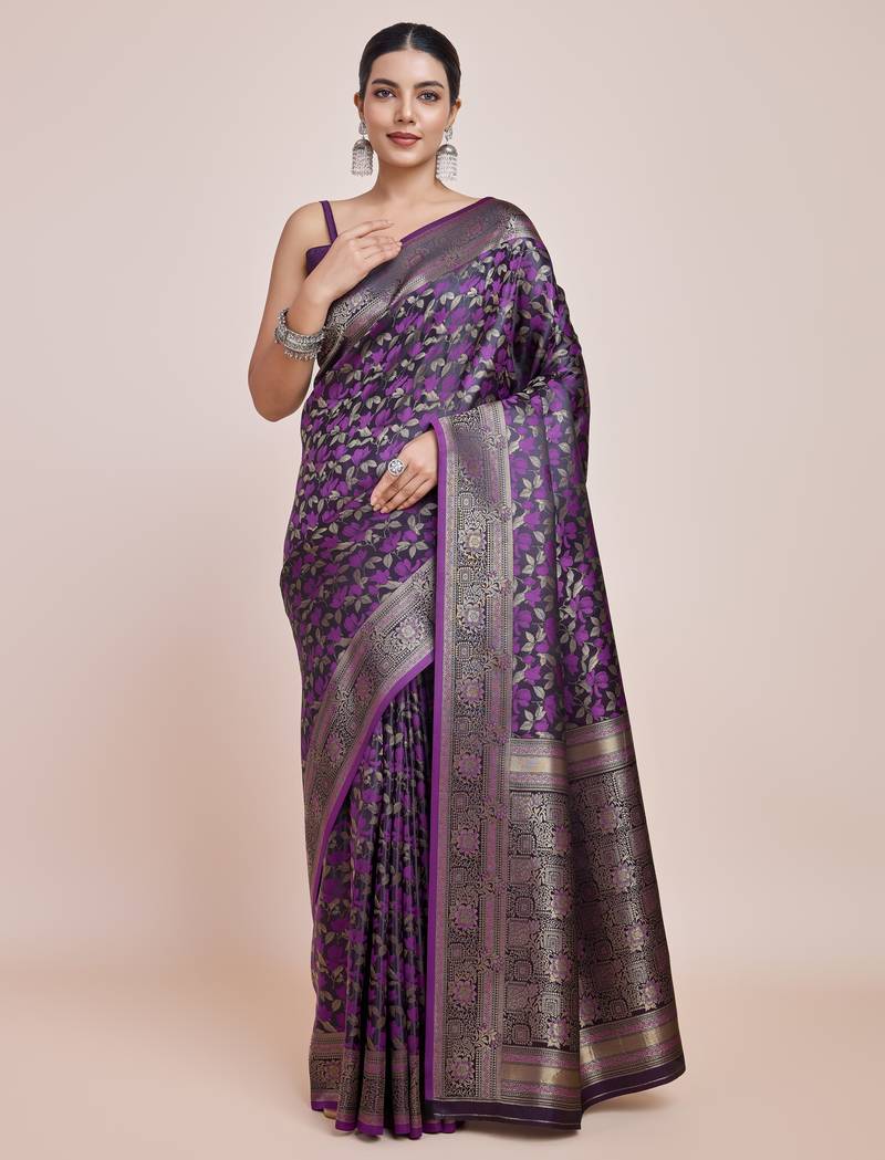 wine silk blend banarasi jacuard work saree with unstitched blouse piece