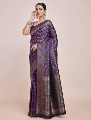 wine silk blend banarasi jacuard work saree with unstitched blouse piece 2