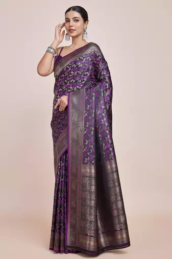 wine silk blend banarasi jacuard work saree with unstitched blouse piece