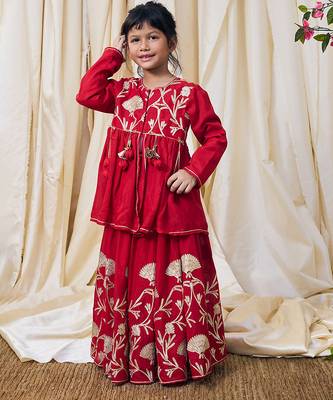 Crimson red gota embroidered cotton kurti lehenga set 1