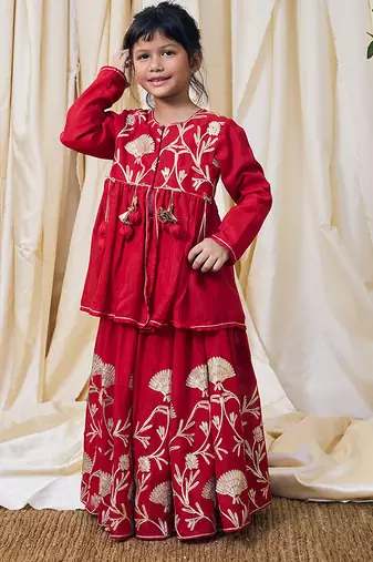 Crimson red gota embroidered cotton kurti lehenga set