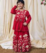 Crimson red gota embroidered cotton kurti lehenga set