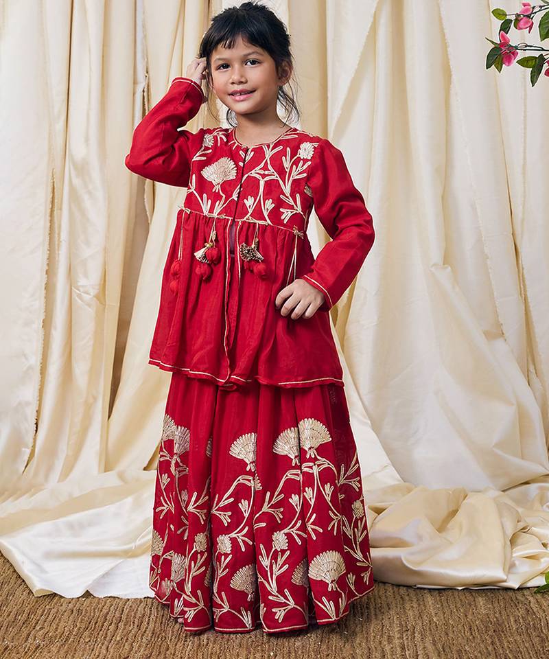 Crimson red gota embroidered cotton kurti lehenga set