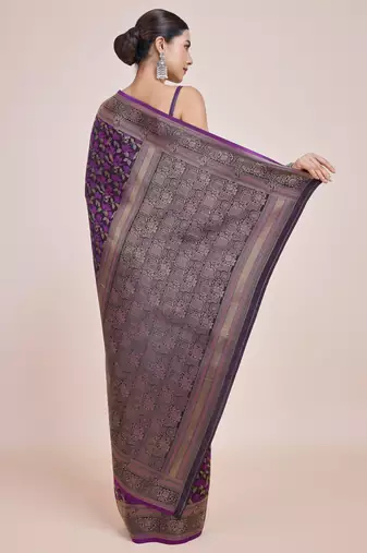 wine silk blend banarasi jacuard work saree with unstitched blouse piece