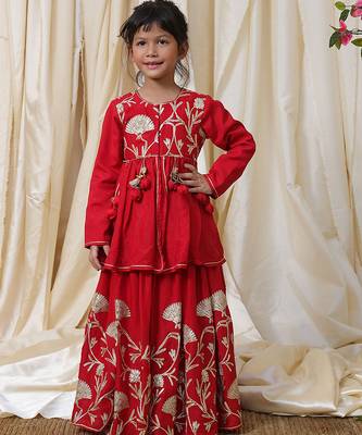 Crimson red gota embroidered cotton kurti lehenga set 2