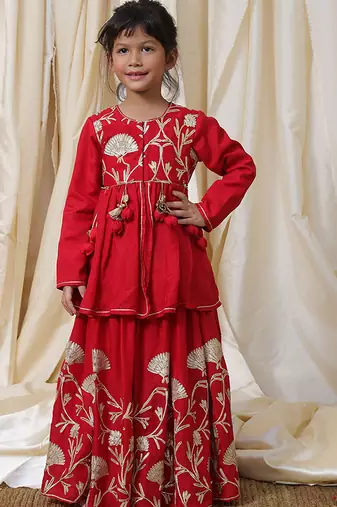 Crimson red gota embroidered cotton kurti lehenga set